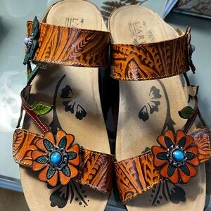Spring Step Orange and Brown Floral Sandals